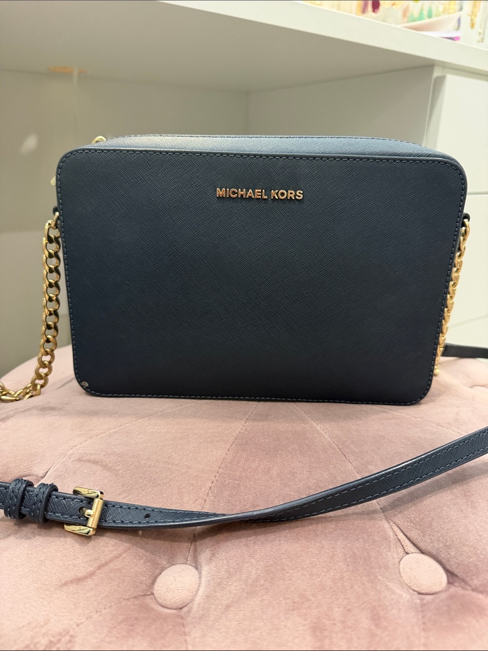 Michael Kors Dark Blue Saffiano Leather Crossbody with Gold Chain